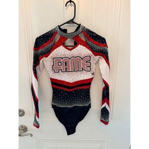 Rebel Athletic Fame Cheerleading Uniform Bodysuit Rhinestone Red White Black AXS